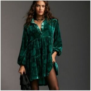 Maeve Anthropologie Bettina Tiered Mini Shirt Dress‎ Green Velvet Floral Large